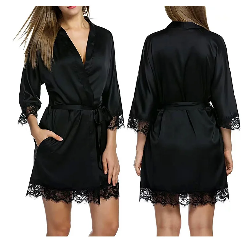 Women\'s New Robe Sexy Nightgown Ice Silk Underwear Home Lace Robe Bathrobe Sexy Ice Silk Large Size Pajama Dress Home Wear