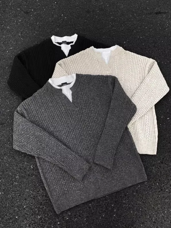 

V-Ne Twisted Pattern Knitwear Men's Winter Casual Sle Thiened Long Sve Sweater Comfortable Cozy Fake Two-Piece Jaet