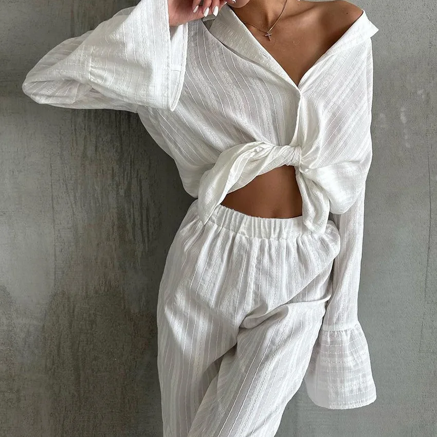 Summer Lace-up Long-sleeved Trousers 2PCS Set Pure Cotton Soft Ruffle Skin-friendly Fashionable Ladies Home Clothes