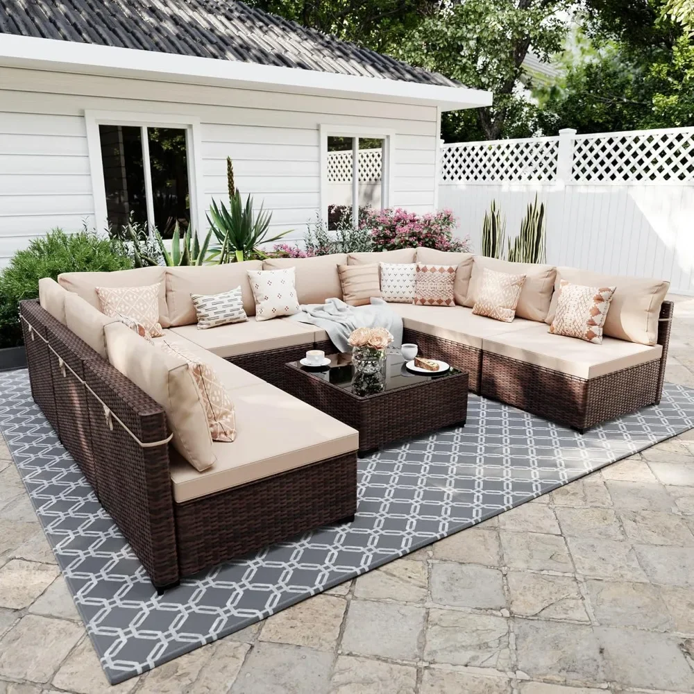 

Outdoor 9 Pieces Patio Furniture Sets Sectional Sofa Wicker Conversation Couch for Decks, Gardens, Brown Rattan, Beige Cushion