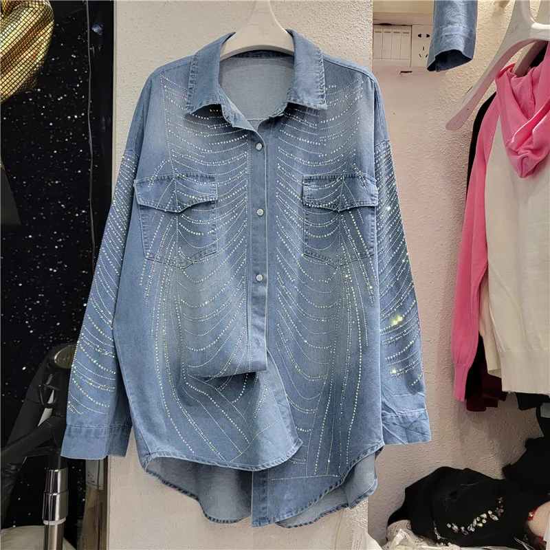 Colorful Rhinestone Long-Sleeved Denim Shirt Women 2024 Spring Autumn New Loose Mid-Length Lapel Single Breasted Cardigan Coat