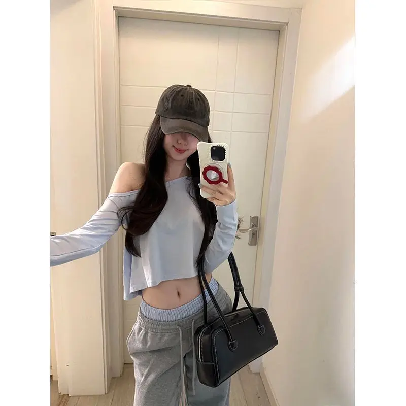 Sexy Pure Desire Shoulder Bared Long Sleeve T Shirt Women's Fashion Slim Fit Skin Revealing Versatile Top Korean Style Modal ...