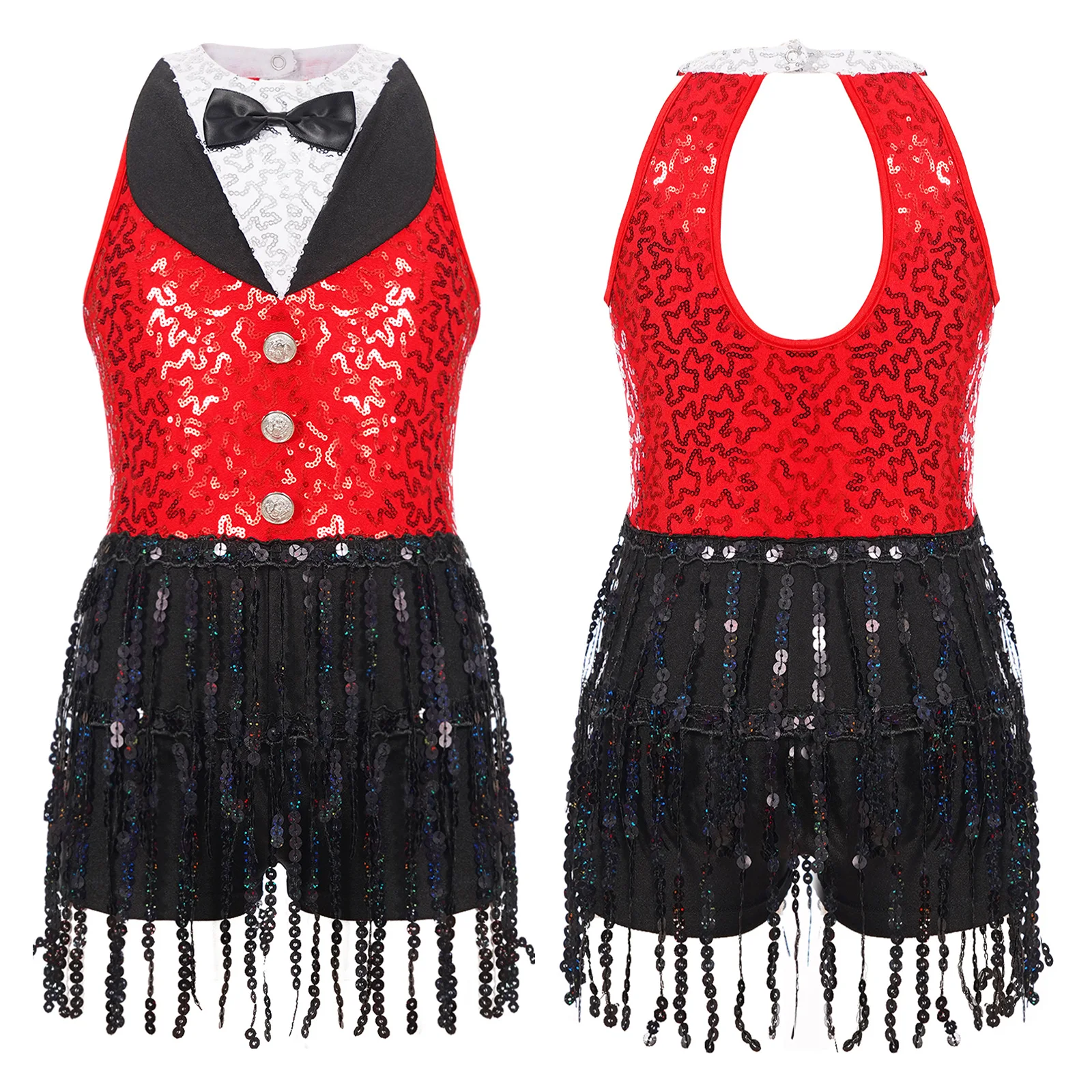 Kids Girls Sequin Tassel Dance Dress Sleeveless Back Keyhole Boyshorts Sequin One-Piece Dancewear for Latin Jazz