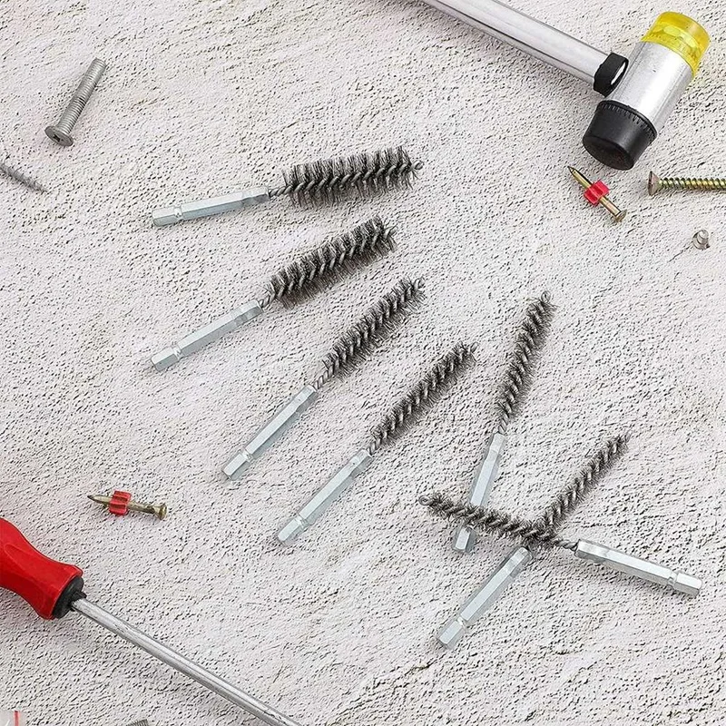 ●8Pcs Wire Brush Drill Bit Set with 1/4 Inch Hexagon Shank Steel Wire Twisting Brush,Suitable for Drilling Percussion A-ABFB