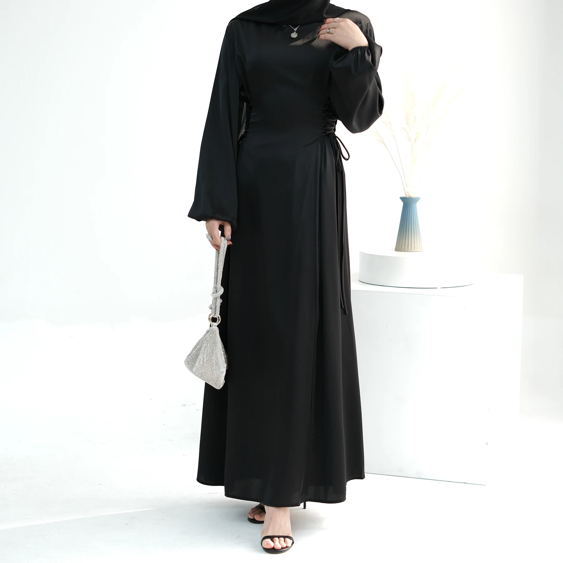 Elegant Kftan Arabic Dress Women Morroco Dubai Abaya Und Khimar Set Islamic Lady Outfit Dresses With Scraf Hijab LR702