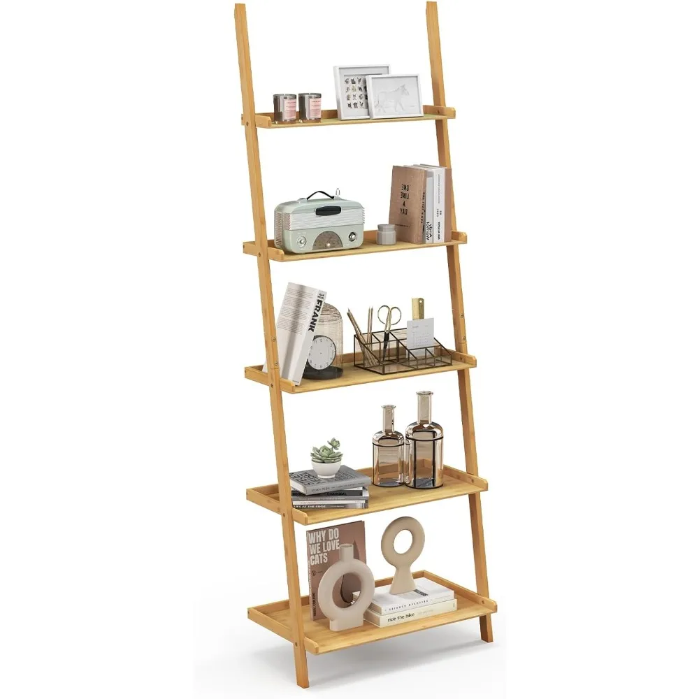 

5-Tier Ladder Shelf Bookcase, Bamboo 72”H Wall-Leaning Bookshelf with Baffles and Anti-Tipping Kits, Plant Stand for Living