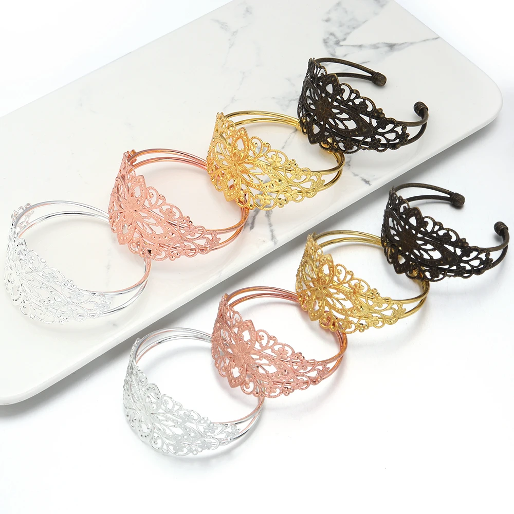 Retro Style Copper Bracelet Flower Filigree Hollow Opening Bangle Bracelets Women DIY Vintage Jewelry Making Findings