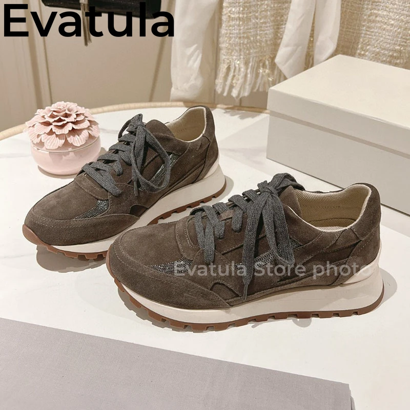 2024 Spring Suede Leather Lace Up Casual Sneakers Women Thick Sole String Bead Flat Shoes Comfort Running Shoes Tenis De Mujer