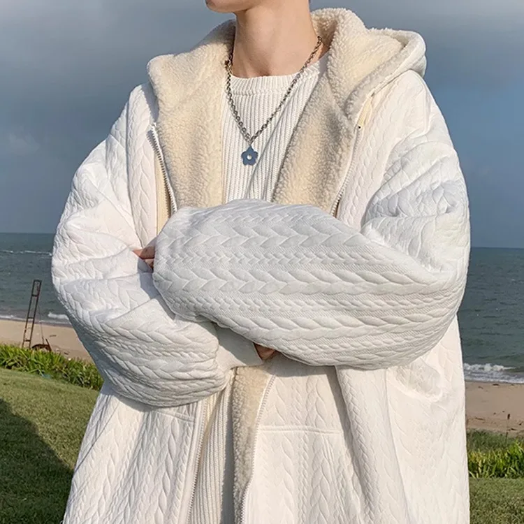 

Мужское хлопковое пальто с капюшоном Thiened Fce на подкладке из ягненка, зимнее новое свободное пальто для пар с хлопковой подкладкой, длинное пальто на молнии