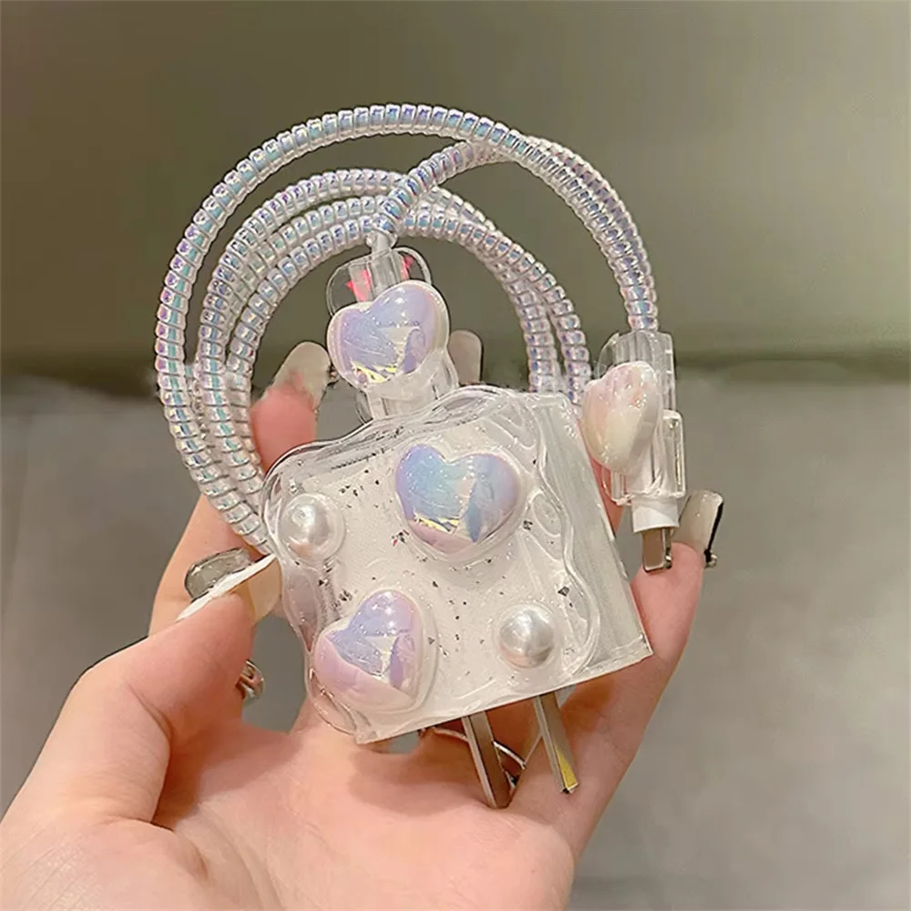 Cute 3D Glitter Love Heart USB Cable Charger Protector Cover For iPhone 20W 18W Charging Head Protective Case Winder Organizer