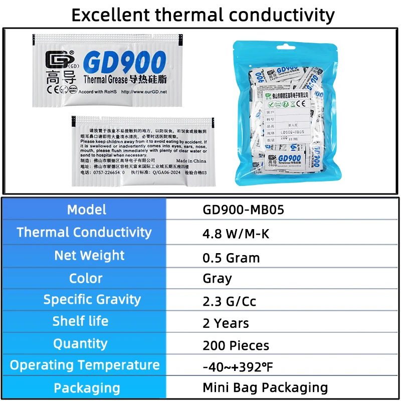GD900 Thermal Conductive Grease Paste Plaster Heat Sink Compound Net Weight 0.5 Gram Grey for CPU Cooling GPU PS5 Game MB05