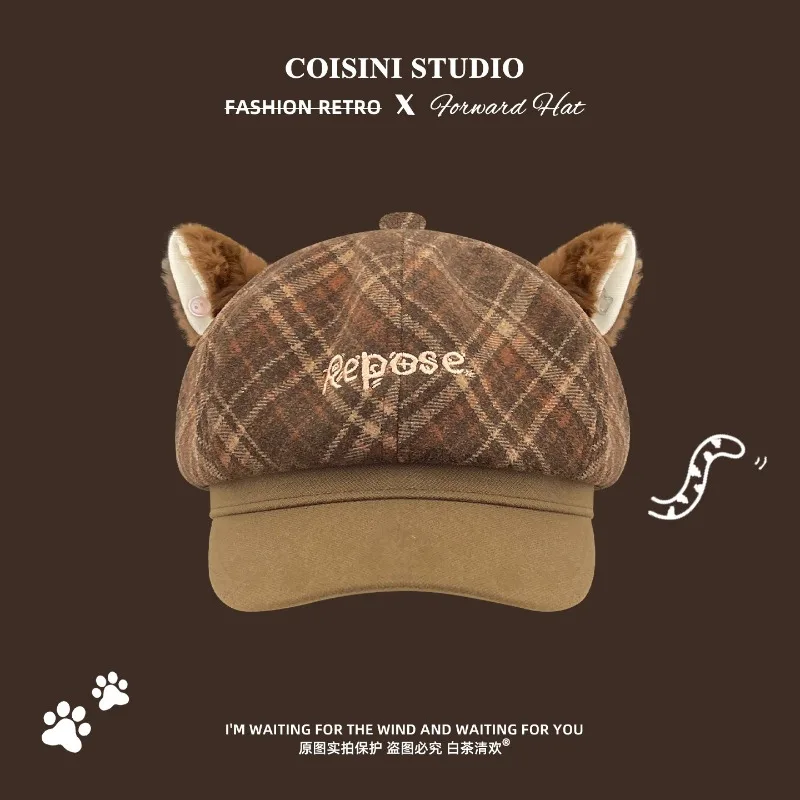 Cute Cat Ears Plaid Bow Design Embroidery Artist's Beret Hat Autumn and Winter Warm Outdoor Octagonal Newsboy Cap for Women Caps
