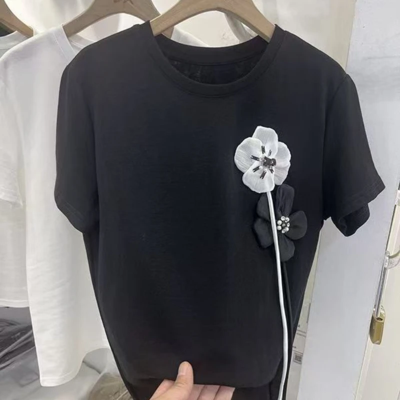 DAYIFUN-Women's 3D Flower Short Sleeve T-shirts Loose O Neck Pullover Korean Tops Tees Chic Design Summer Fashion Tshirts 2024