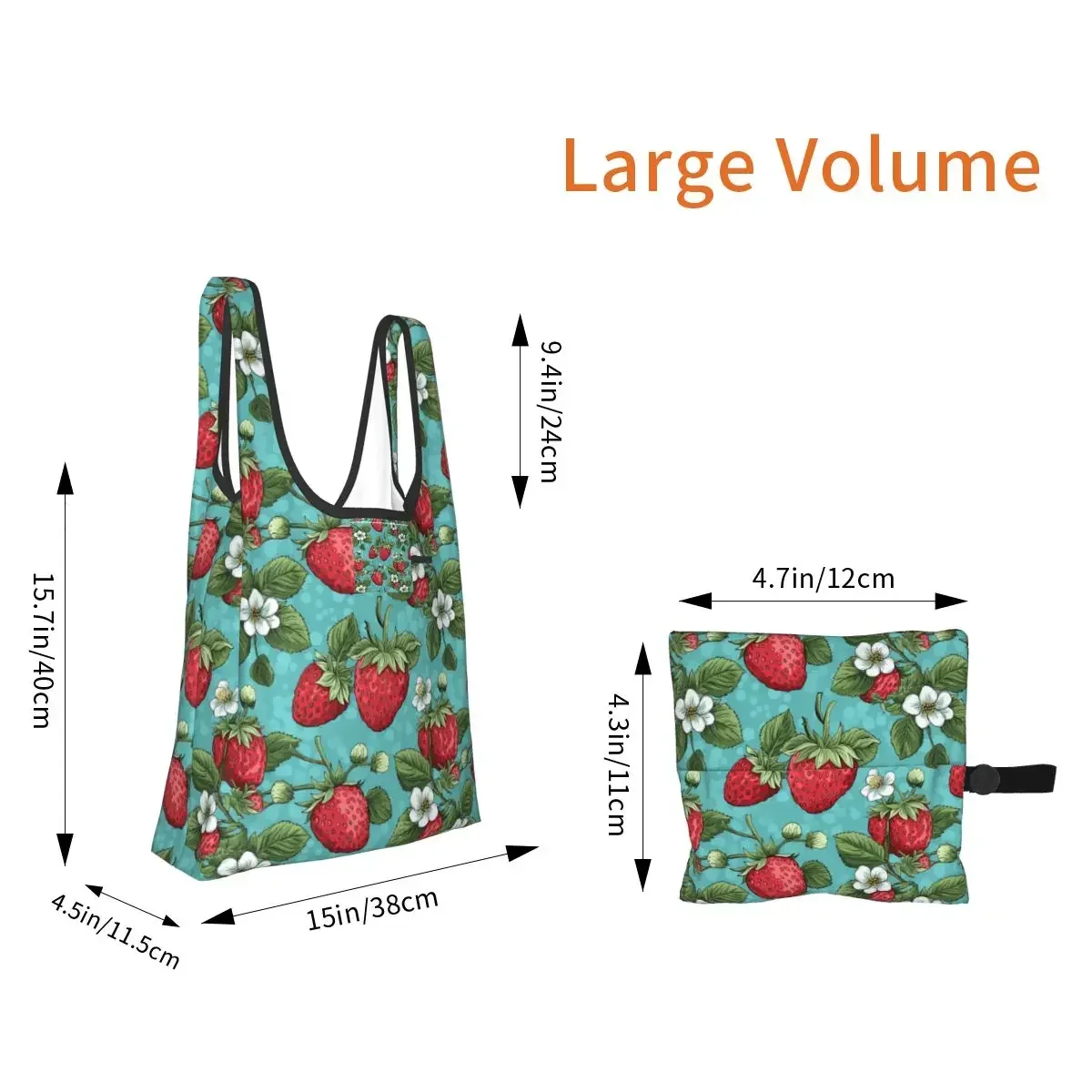 Beautiful Highly Stylized Strawberry With Flowers Pattern Portable Tote Bags Foldable Shoulder Shopper Bag Grocery Handbag