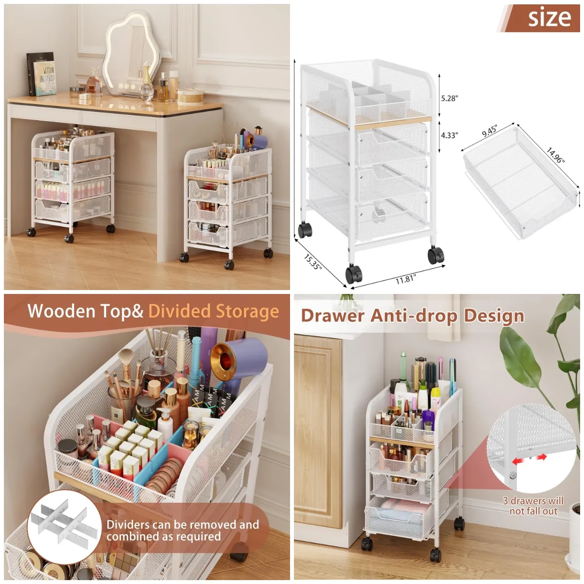 

Rolling Makeup Cart with 3 Drawers, 4-Tier Narrow Skincare Organizer, White