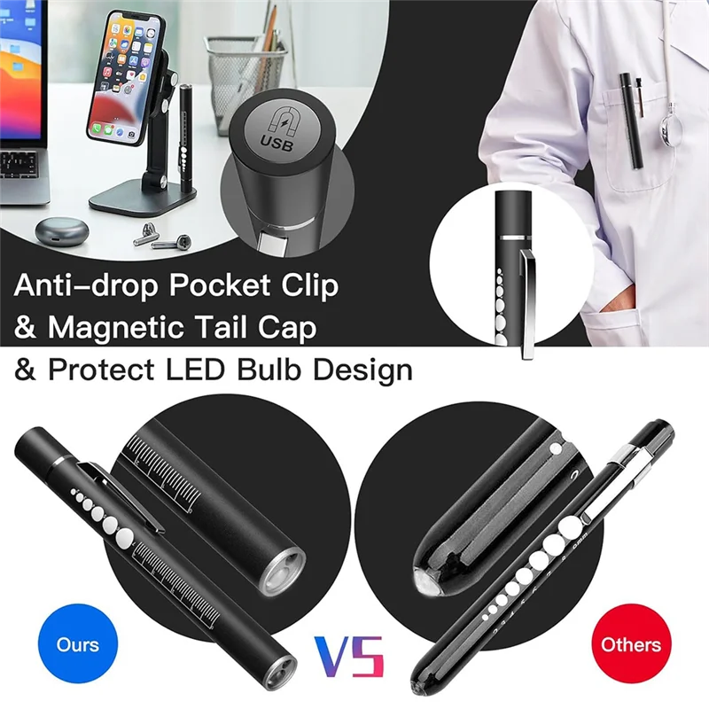 AB34-3 ไฟฉายแบบชาร์จไฟได้พร้อมมาตรวัดและไม้บรรทัดนักเรียน, ไฟ LED ปากกาสําหรับแพทย์พยาบาล, แสงวอร์ม/ขาว, สีดําทนทาน