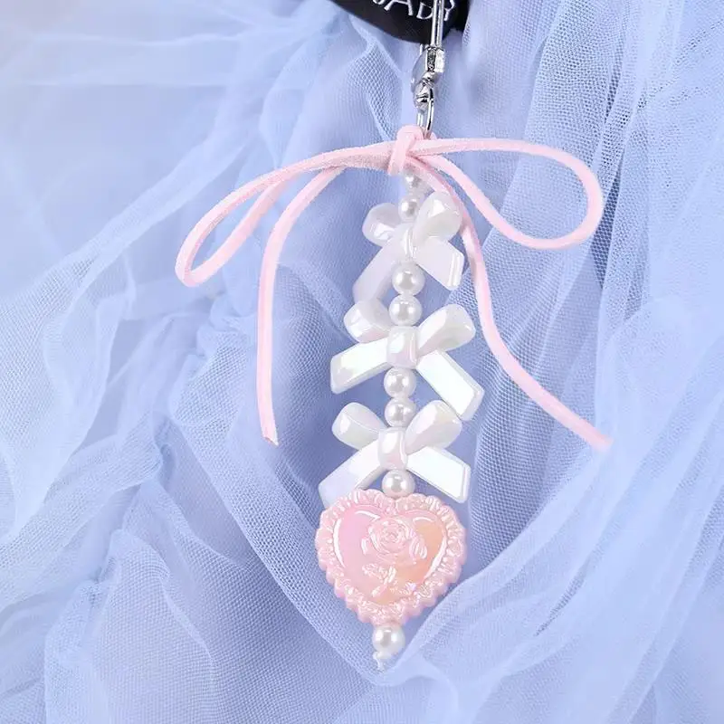 

Pink Blue Bowknot Heart Pearl Keychain Acrylic Bow Beads Phone Straps Bag Charms Key Chain Y2k Backpack Pendant Accessory