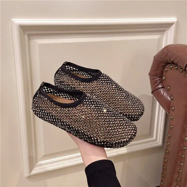 

women new soft soled rhinestone mesh are shoes breathable hollow out diamond flat bottom fishing net shoes fashionable sandals
