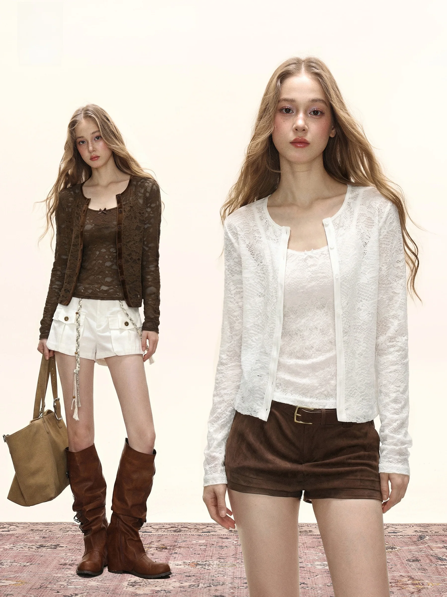 

November Pure Desire Women's Spring Autumn Lace Velvet Knot Thin Cardigan Set Korean Style Slim Fit Long Sleeve Kni...