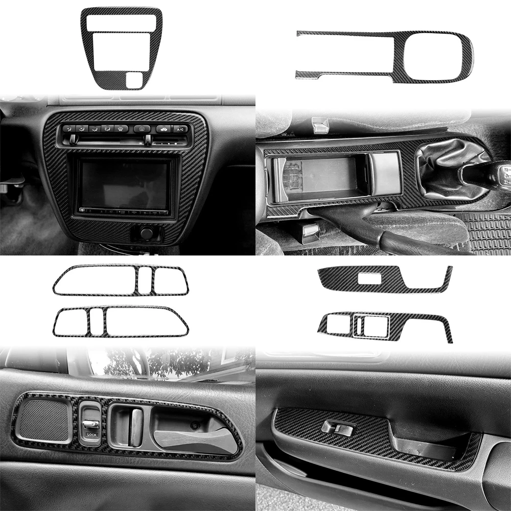 7Pcs Real Carbon Fiber Full Interior Dash Central Console Window Lift Trim Kits For Honda Prelude 1997 1998 1999 2000 2001