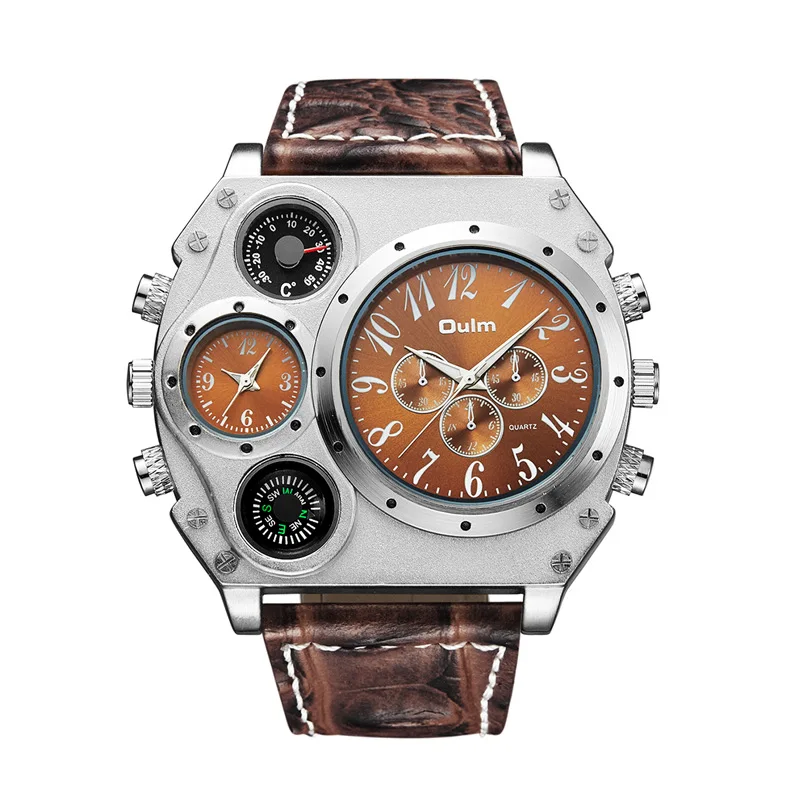 

Olum Creative Men's Quartz Watch Multi-time Zone Big Dial Luminous Hands Leather Strap Fashion Sports Wristwatch