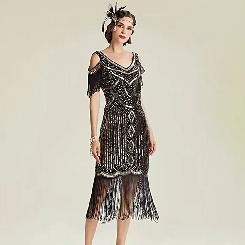 Vestido Vintage Gatsby feminino, vestido de lantejoulas borla, vestido sexy de festa, 1920 Festa temática, Novo, 24