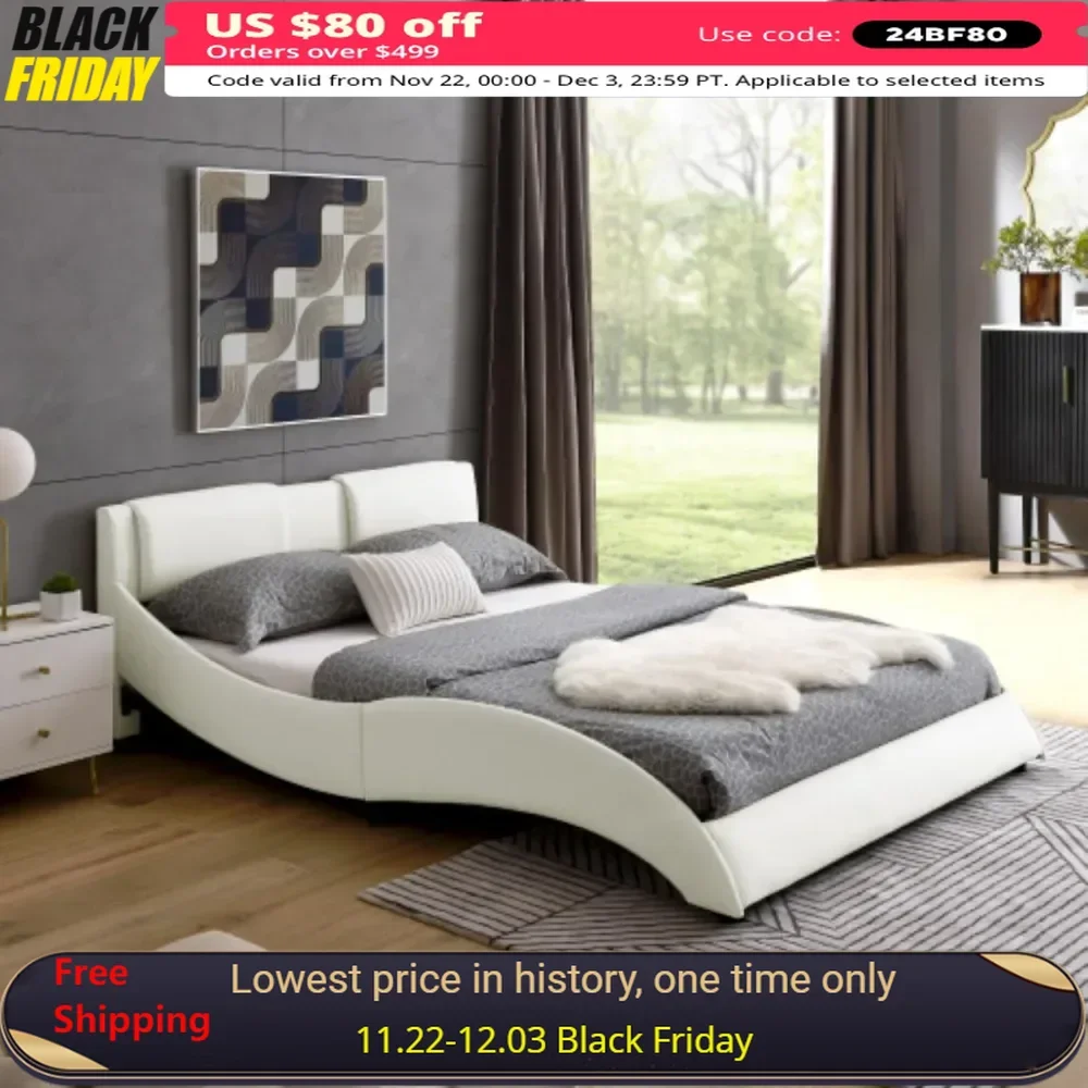 Queen Bed Frame with Headboard，Faux Leather Upholstered Platform Bed Frame，Wood Slats Support，Easy Assembly，Bed Frame