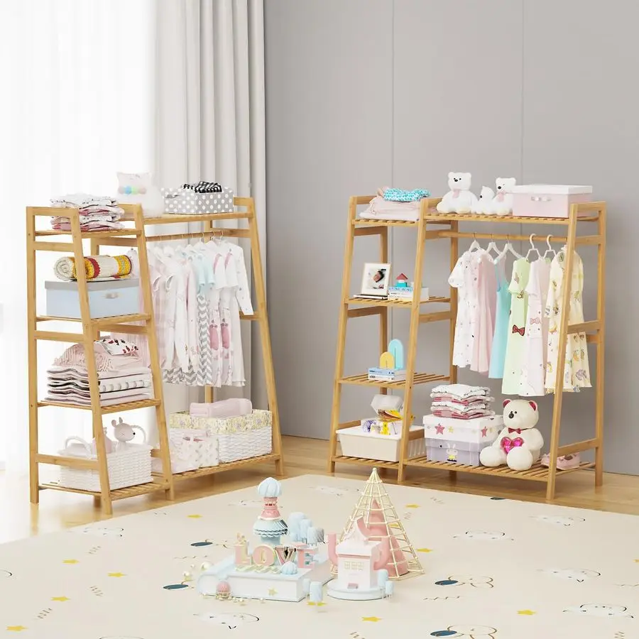 Kids Clothing Rack with Shelves, Bamboo Clothes Garment Rack for Kids Child Baby, Kids Dress Up Storage Rack with Top Shelf, To