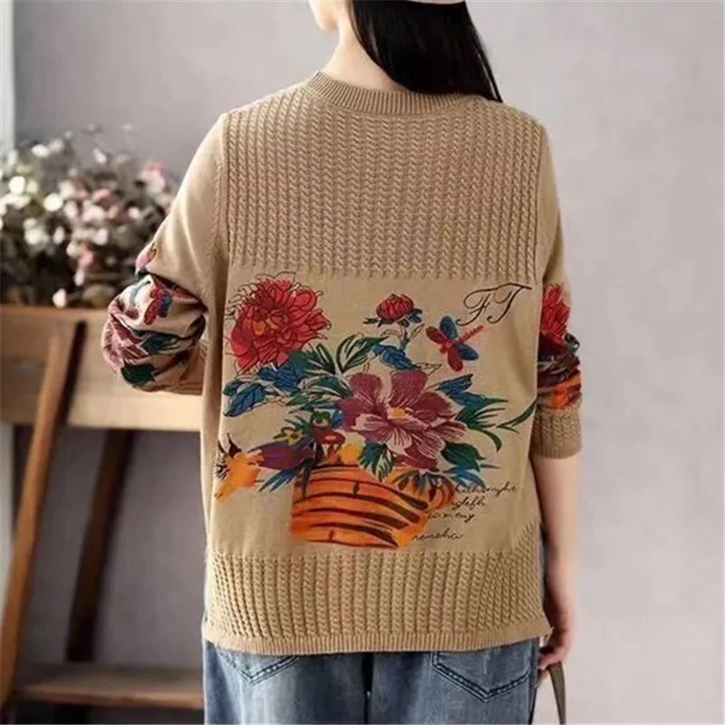 Dames Pullover Ronde Hals Print Schroefdraad Trui Herfst Winter Mode Lange Mouw Zak Losse Vintage Gebreide Trui Tops