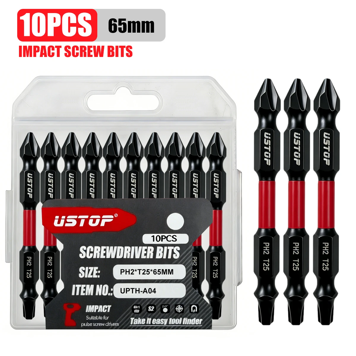 Ustop, Conjunto de 10 Peças de Pontas Magnéticas de 65mm para Chave de Fenda Dupla Face (Phillips/Quadrada/Torx/Pz2/Sl6), Haste Hexagonal Universal de 1/4, Durável, com Caixa de Armazenamento Exquisita, Aço S2, Compatível com Ferramentas Elétricas, para I
