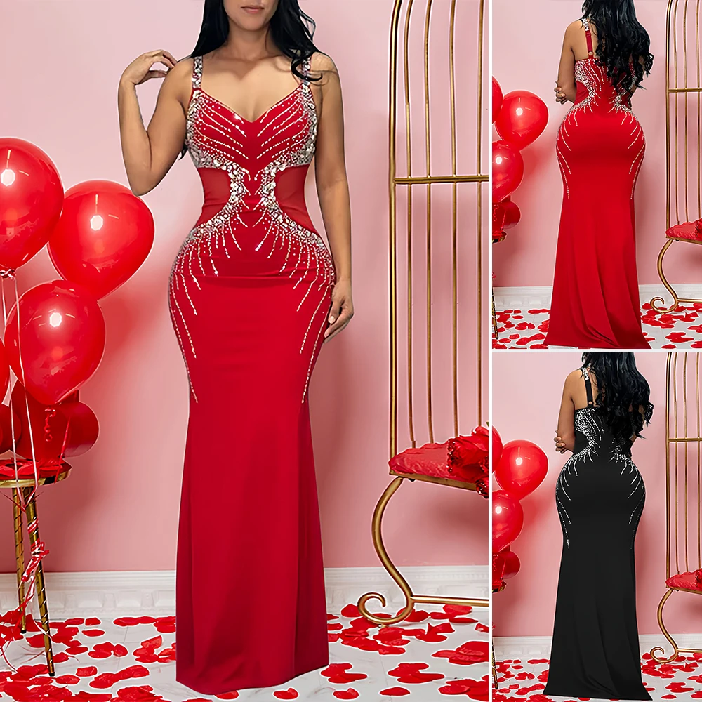 فساتين نسائية خريف 2025 موضة أنيقة يؤرخ عادي مطرز بالخرز بدون أكمام ورقبة على شكل قلب فستان طويل كامي #1