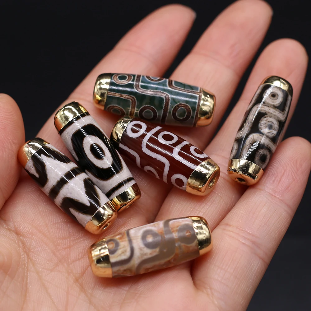 3pcs Tibet Dzi Natural Stone Beads Plating Golden Cylindrical Divination Pattern Agates Loose Beaded for DIY Jewerly Necklace
