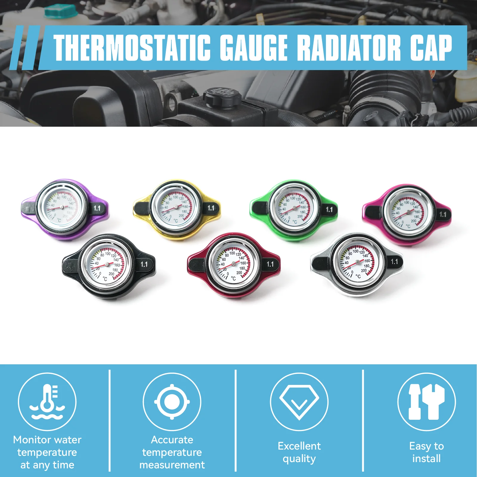 

7 Colour Car Motorcycle Styling 0.9 Bar High Pressure Radiator Cap Tank Cover Water Temperature Gauge with Utility Safe