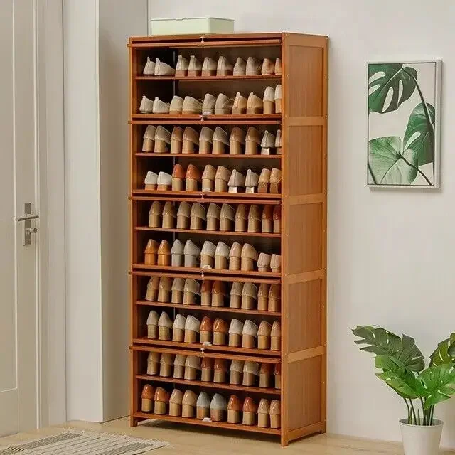 10 Tiers Bamboo Shoe Rack Cabinet Wood Shelf Stand Book Shelf Organizer Entryway Floor Mount Concealed Sliding Doors Brown