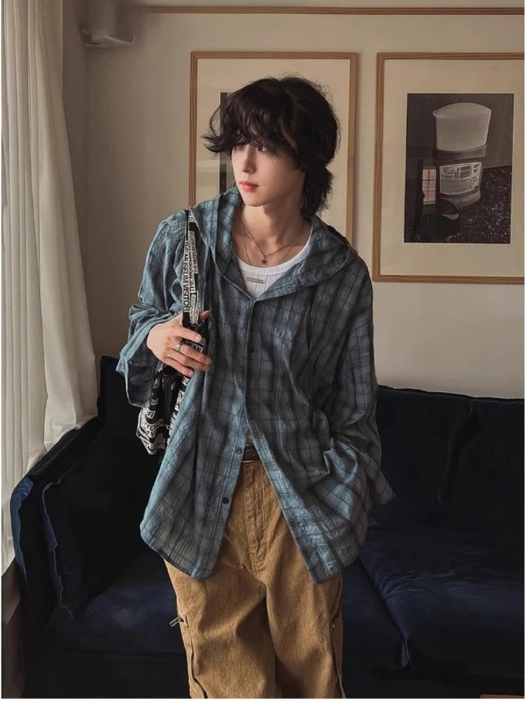 HOUZHOU Vintage Plaid Hooded Shirts Women Oversized Japanese Style Harajuku Fashion Checked Blouses Long Sleeve Tops Streetwear