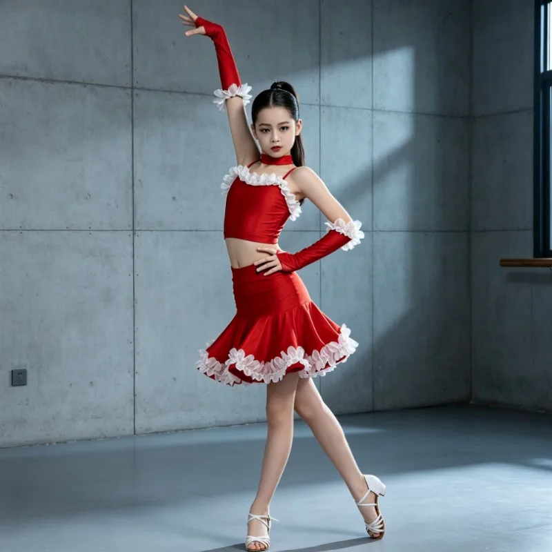 Girls Latin Dance Dress 2026 New Summer Set High Big Swing Skirt Kids Professional Dancing Clothes Practice Performance Costume - view 2