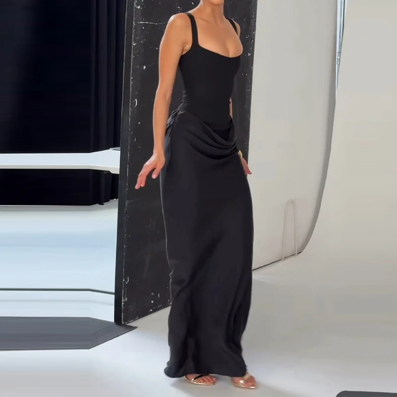 Sexy ärmelloses, rückenfreies, plissiertes Cocktailkleid, modisch, hohe Taille, solide lange Kleider, Damen, elegant, schulterfrei, Hosenträgerkleid