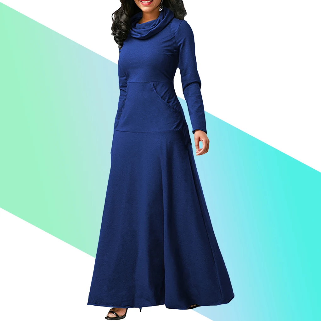 긴 드레스 여성 단색 포켓 나이트 이브닝 파티 의상, 블랙, S