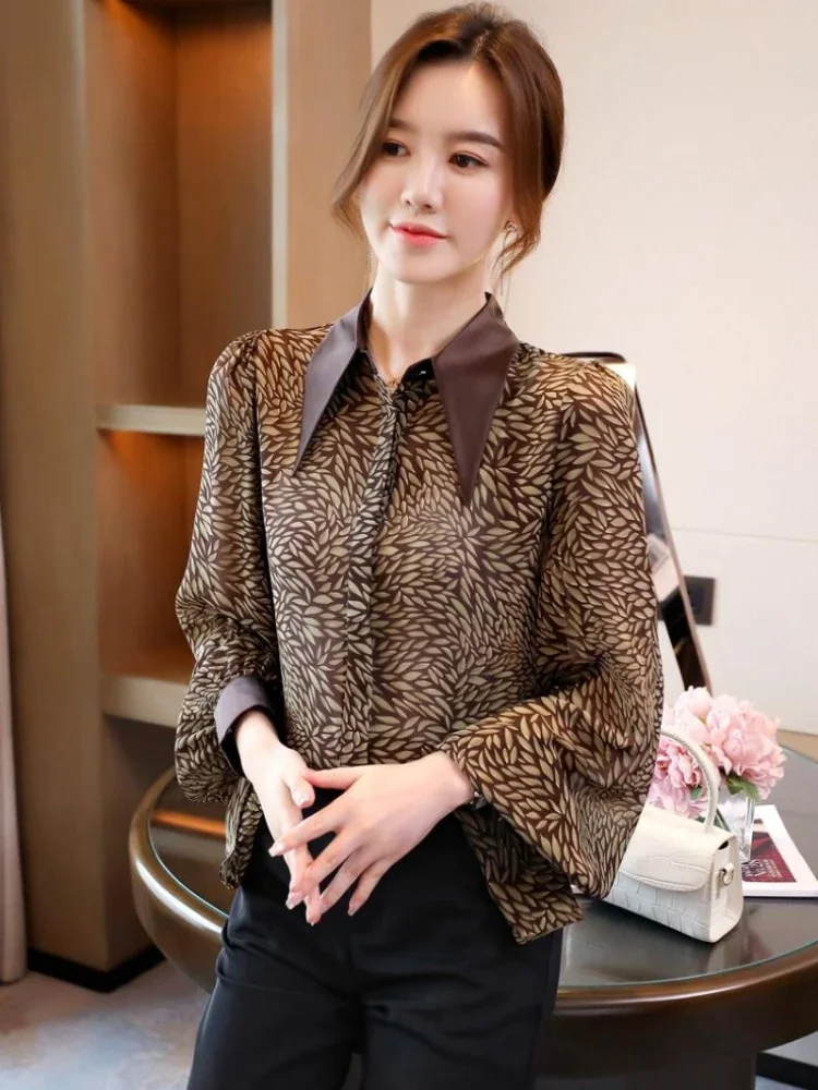 Chiffon Leopard Women\'s Shirt FASHION Print Vintage Blouses Polo-Neck Ladies Clothing Loose Full Spring/Summer Tops