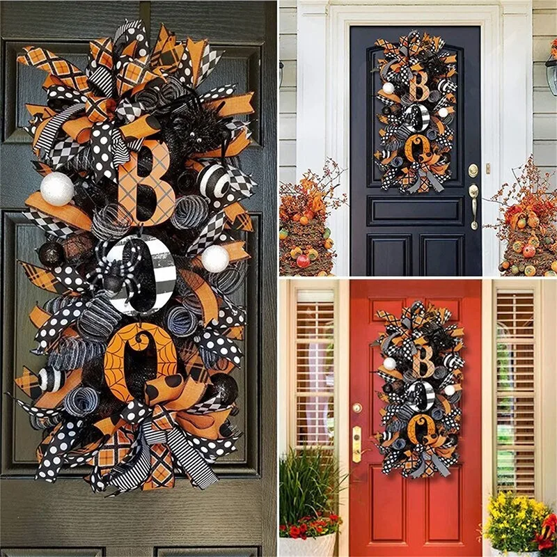 Halloween BOO Inverted Tree Horror Ghost Festival Netting Pumpkin Color Ribbon Wreath Wall Hanging Door Hanging