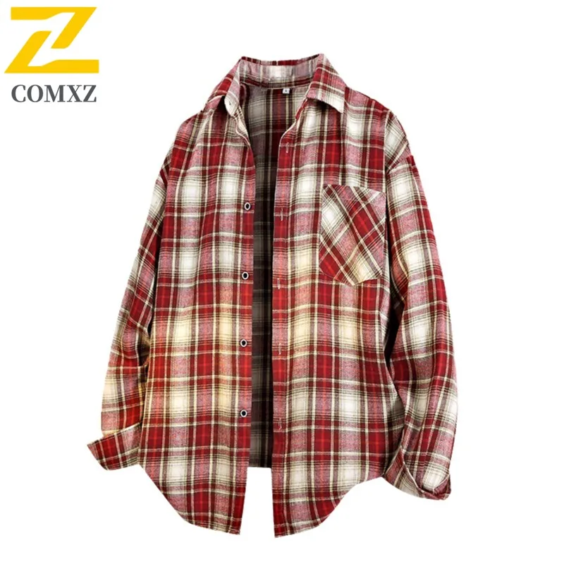 

COMXZ Spring Autumn New Mens Long Sleeve Shirt Japanese Hong Kong Style Casual Loose Shirt Jacket Style Coat Fashion Mens Plaid
