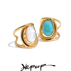 Yhpup Exquisite Natural Stone Open Adjustable Ring Glossy Stainless Steel PVD Plated Arrivals Jewelry Recommend 2025