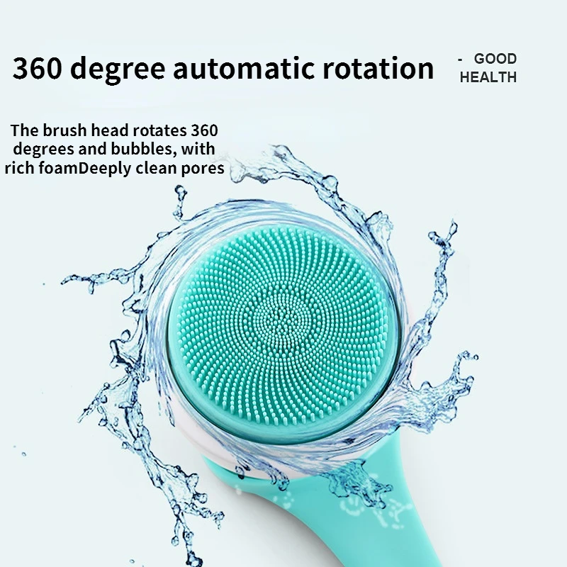 แปรงขัดหัวชาร์จได้ห้าหัวสีเขียวเครื่องนวดถูอัตโนมัติด้ามจับยาวสำหรับสาวๆผู้ชายเครื่องทำความสะอาดผิวหน้า