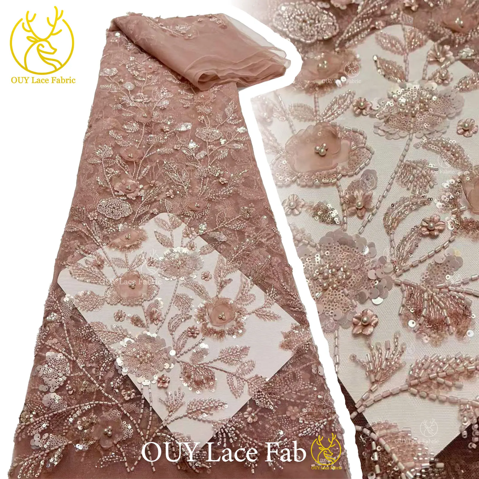 

African 3D Floral Hand-Beaded Lace Fabric 2026 High-Quality French-Style Nigerian Sequins Lace Fabric Ideal for Party Dresses