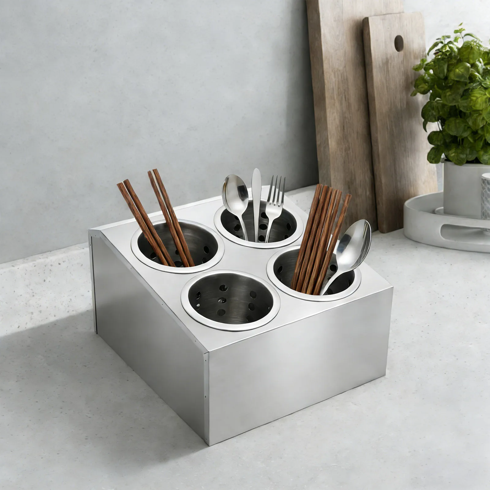 

Commercial Stainless Steel Cylinder Flatware Silverware Utensil Holder Organizer 4 Hole Silverware Cutlery Holder Box Bin