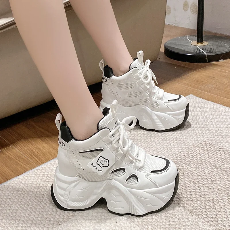 10CM Spring Chunky Sneakers Women Lace-up Platform Sports Dad Shoes Woman Goth Thick Bottom High Heels Female Wedges Sneakers