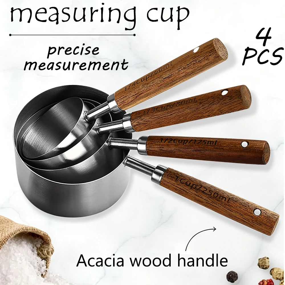 Silbernes Messbecher-Set, 4-teilig, Premium Edelstahl-Messbecher mit Holzgriffen, für Backzubehör in der Küche