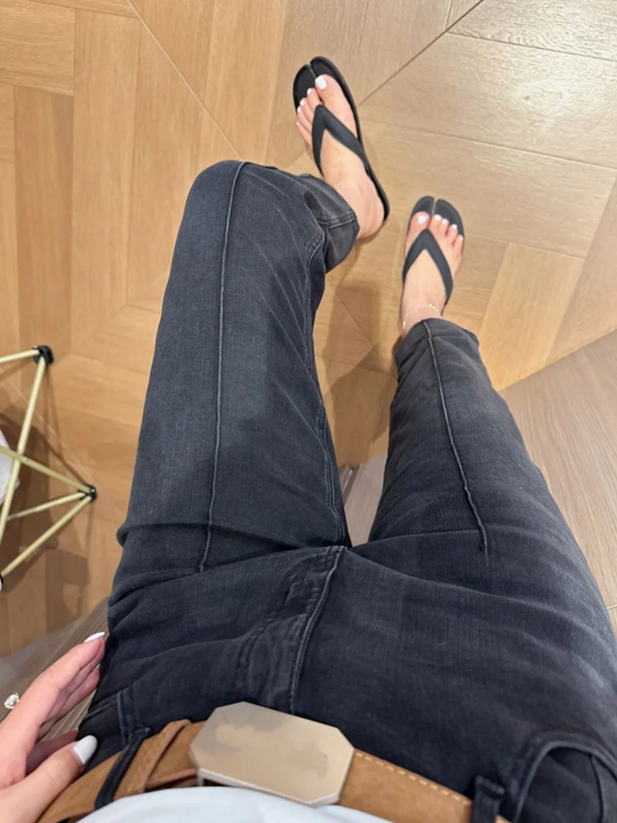 하이웨이스트 신축성 있는 블랙 나인텐스 진 여성용 봄 가을 신상품 큰 사이즈 통통한 여성용 슬림핏 가리개 효과 스트레이트 레그...