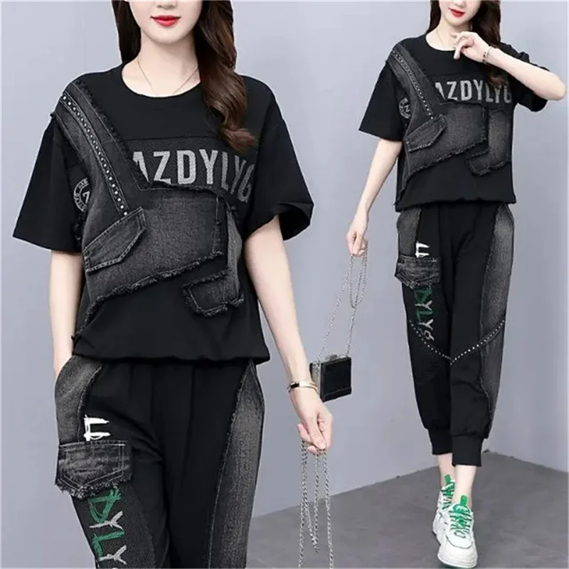 2024 Summer New Set Woman Fashion Stitching Denim Print Loose Belly Cover Heavy Industry Round Neck Short Sleeve Lady