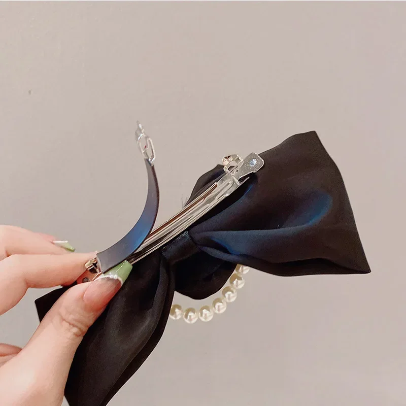 Vintage Rose Hairpin Fabric Large Bow Knot Pearl Chain Hair Clip Sweet Girl Women Korean Hair Accessories Autumn Winter Headwear